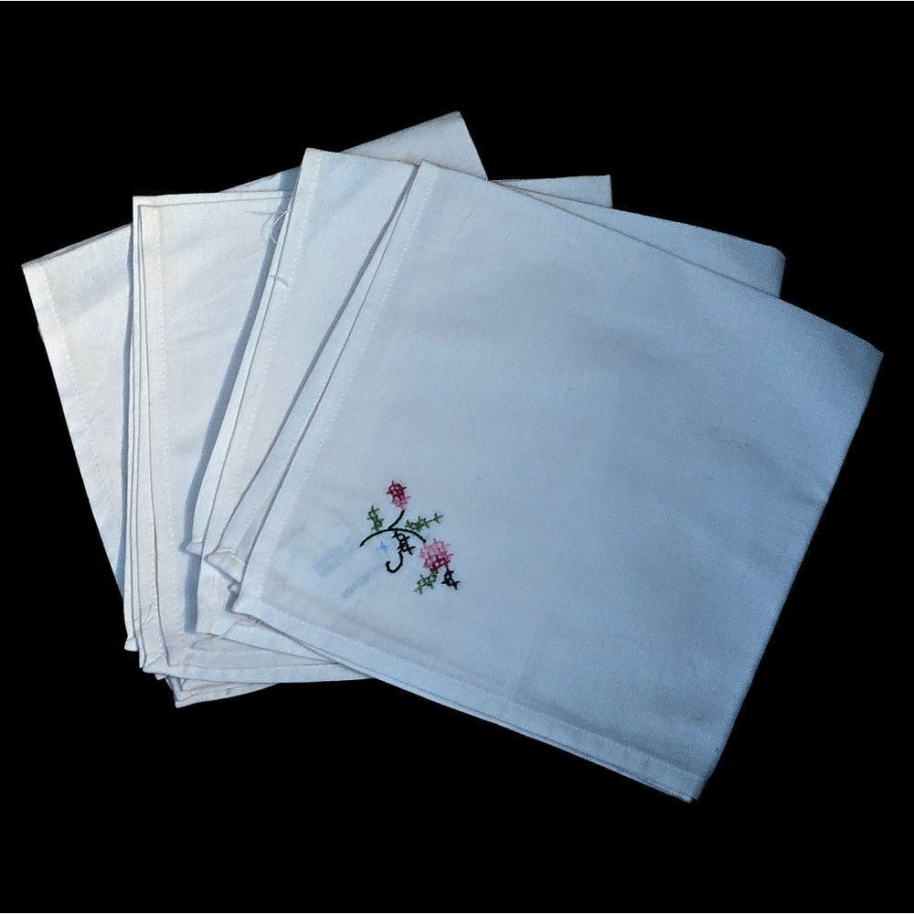 "5/$25" Set Of 4 Floral Crosstitch White Cotton Napkins